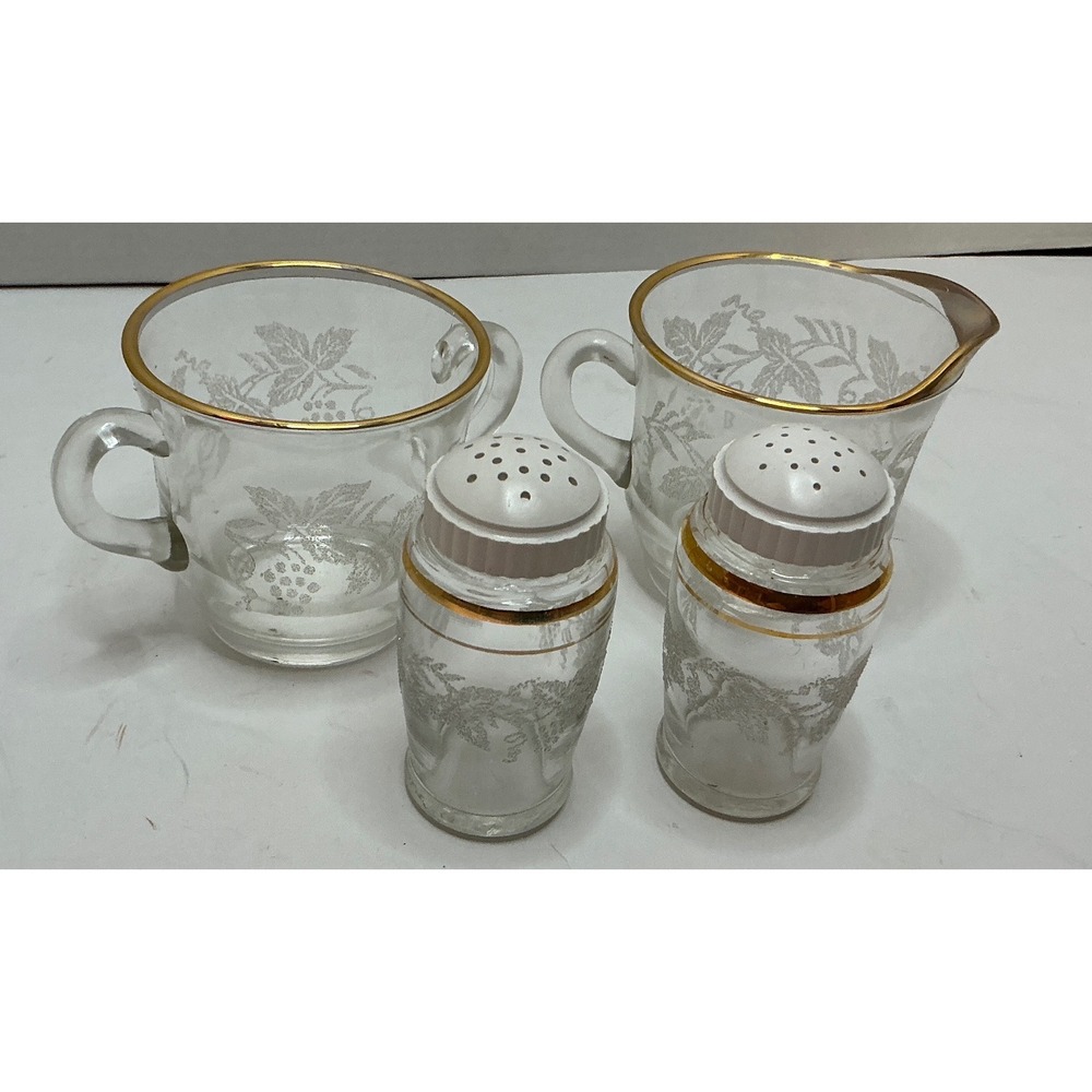 Bartlett Collins Vintage 4pc Table Set Sugar Creamer Salt Pepper Gold Trim Glass